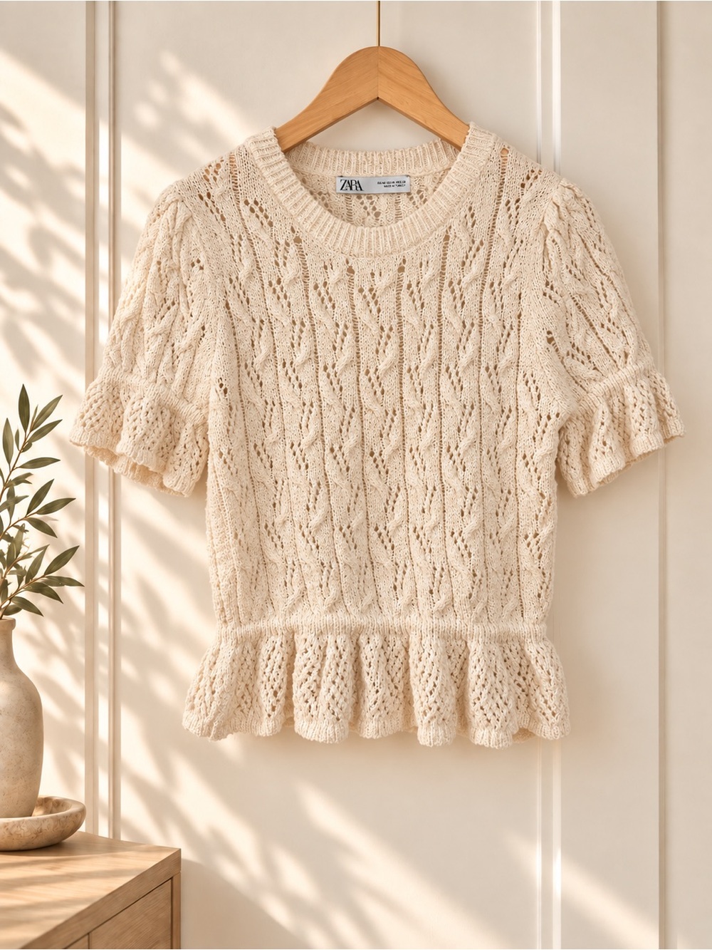 Zara Cream Open-Knit Short-Sleeve Ruffle-Hem Top
